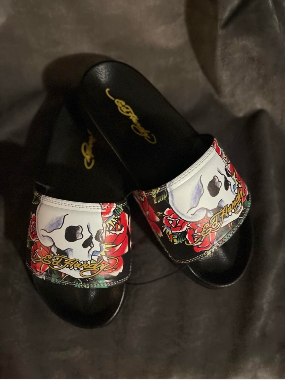 Ed Hardy Black/White/Red Skull & Rose Slide Sandals shoes NWT Size 7
